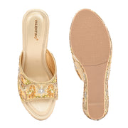 Women Embellished Platform Wedge Slides (W-MT-71-LIGHTGOLD-MULTI)