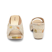 Women Embroidered Light Gold Wedge Sandals (W-MT-72-LIGHTGOLD)