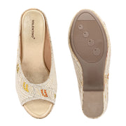 Women Embroidered Light Gold Wedge Sandals (W-MT-72-LIGHTGOLD)
