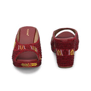 Women Embroidered Maroon Wedge Sandals (W-MT-72-MAROON)