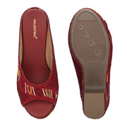 Women Embroidered Maroon Wedge Sandals (W-MT-72-MAROON)
