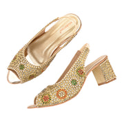 Women Open-Toe Embellished Slingback Heels (W-MT-74-GOLD-MULTI)