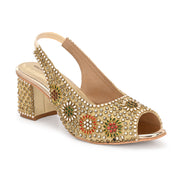 Women Open-Toe Embellished Slingback Heels (W-MT-74-GOLD-MULTI)