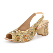 Women Open-Toe Embellished Slingback Heels (W-MT-74-GOLD-MULTI)