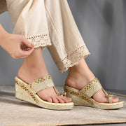 Women Embroidered Toe Ring Wedge Sandals (W-MT-75-LIGHTGOLD)