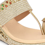 Women Embroidered Toe Ring Wedge Sandals (W-MT-75-LIGHTGOLD)