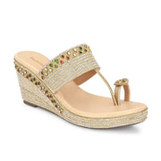 Women Embroidered Toe Ring Wedge Sandals (W-MT-75-LIGHTGOLD)