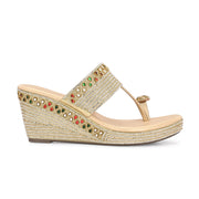 Women Embroidered Toe Ring Wedge Sandals (W-MT-75-LIGHTGOLD)