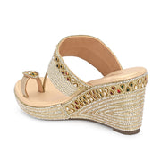 Women Embroidered Toe Ring Wedge Sandals (W-MT-75-LIGHTGOLD)