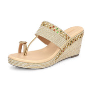 Women Embroidered Toe Ring Wedge Sandals (W-MT-75-LIGHTGOLD)