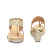 Women Embroidered Toe Ring Wedge Sandals (W-MT-75-LIGHTGOLD)