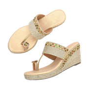 Women Embroidered Toe Ring Wedge Sandals (W-MT-75-LIGHTGOLD)