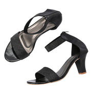 Women Black Block Heel Sandals with Ankle Strap & Back Zip (W-RST-002A-BLACK)
