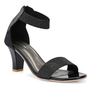 Women Black Block Heel Sandals with Ankle Strap & Back Zip (W-RST-002A-BLACK)