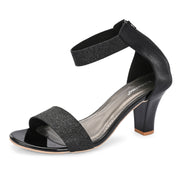 Women Black Block Heel Sandals with Ankle Strap & Back Zip (W-RST-002A-BLACK)