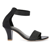 Women Black Block Heel Sandals with Ankle Strap & Back Zip (W-RST-002A-BLACK)