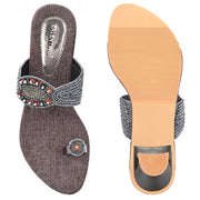 Women Grey Ethnic Toe-Ring Slip-On Heels with Embroidery & Stone Detailing (W-RST-050-GREY)
