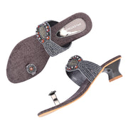 Women Grey Ethnic Toe-Ring Slip-On Heels with Embroidery & Stone Detailing (W-RST-050-GREY)