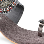 Women Grey Ethnic Toe-Ring Slip-On Heels with Embroidery & Stone Detailing (W-RST-050-GREY)