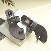 Women Grey Ethnic Toe-Ring Slip-On Heels with Embroidery & Stone Detailing (W-RST-050-GREY)