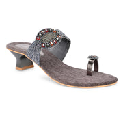 Women Grey Ethnic Toe-Ring Slip-On Heels with Embroidery & Stone Detailing (W-RST-050-GREY)