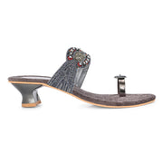 Women Grey Ethnic Toe-Ring Slip-On Heels with Embroidery & Stone Detailing (W-RST-050-GREY)
