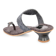 Women Grey Ethnic Toe-Ring Slip-On Heels with Embroidery & Stone Detailing (W-RST-050-GREY)