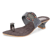 Women Grey Ethnic Toe-Ring Slip-On Heels with Embroidery & Stone Detailing (W-RST-050-GREY)