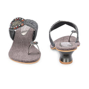 Women Grey Ethnic Toe-Ring Slip-On Heels with Embroidery & Stone Detailing (W-RST-050-GREY)