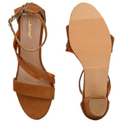 Women Block Heel Sandals with Ankle Strap & Back Zip (W-RST-071-TAN)