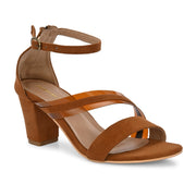 Women Block Heel Sandals with Ankle Strap & Back Zip (W-RST-071-TAN)