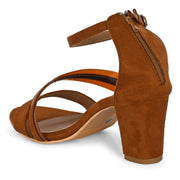 Women Block Heel Sandals with Ankle Strap & Back Zip (W-RST-071-TAN)