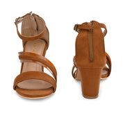 Women Block Heel Sandals with Ankle Strap & Back Zip (W-RST-071-TAN)