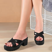 Women Block Heel Cross Strap Sandals (W-RST-076A-BLACK)