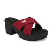 Women Block Heel Cross Strap Sandals (W-RST-076A-MAROON)