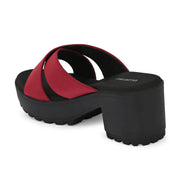 Women Block Heel Cross Strap Sandals (W-RST-076A-MAROON)