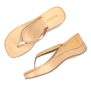 Women Partywear Stone Embellished V Strap Wedge Slippers (W-RST-079-GOLD)