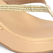 Women Partywear Stone Embellished V Strap Wedge Slippers (W-RST-079-GOLD)