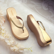 Women Partywear Stone Embellished V Strap Wedge Slippers (W-RST-079-GOLD)