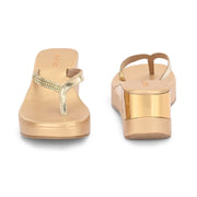 Women Partywear Stone Embellished V Strap Wedge Slippers (W-RST-079-GOLD)
