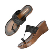 Women Braided Wedge Heel Slip-On Sandals (W-RST-103-BLACK)