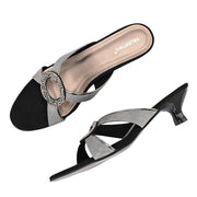 Women Party Wear Kitten Heel Sandals with Embellished Ring (W-RST-109-GUNMETAL)