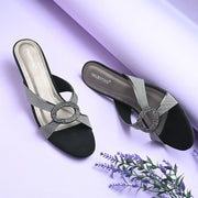 Women Party Wear Kitten Heel Sandals with Embellished Ring (W-RST-109-GUNMETAL)