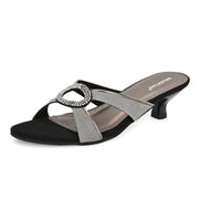 Women Party Wear Kitten Heel Sandals with Embellished Ring (W-RST-109-GUNMETAL)