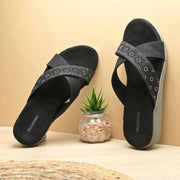 Women Cross Strap Comfort Slides (W-RST-110-BLACK)