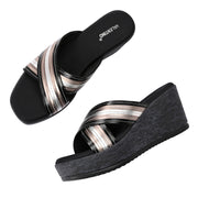 Women Cross Strap Wedge Heels (W-RST-112-BLACK-GUNMETAL)