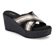 Women Cross Strap Wedge Heels (W-RST-112-BLACK-GUNMETAL)