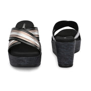 Women Cross Strap Wedge Heels (W-RST-112-BLACK-GUNMETAL)