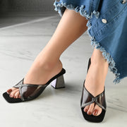 Women Clear Strap Block Heel Sandal (W-RST-120-GUNMETAL)
