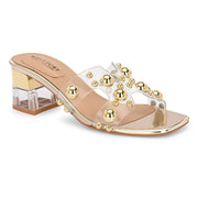 Women Transparent Gold Studded Block Heels (W-RST-121-GOLD)